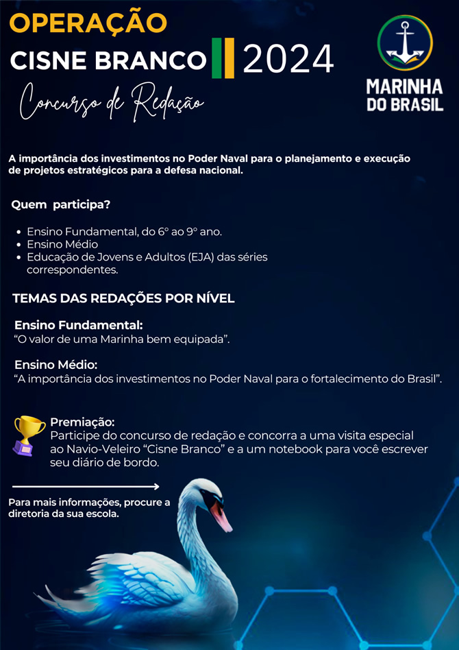 Marinha do Brasil anuncia últimos dias para entrega de redações da Operação “Cisne Branco” 2024